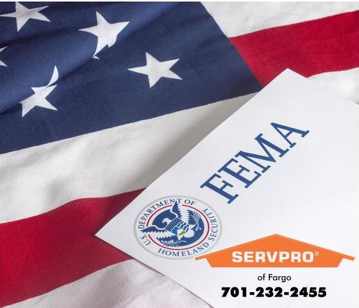 The letters FEMA on an official U.S. Department of Homeland Security Form laid on an American Flag.