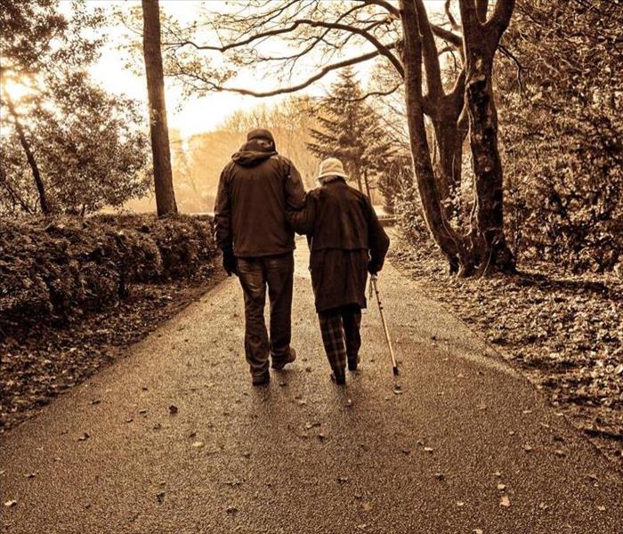 Elderly couple walking down road